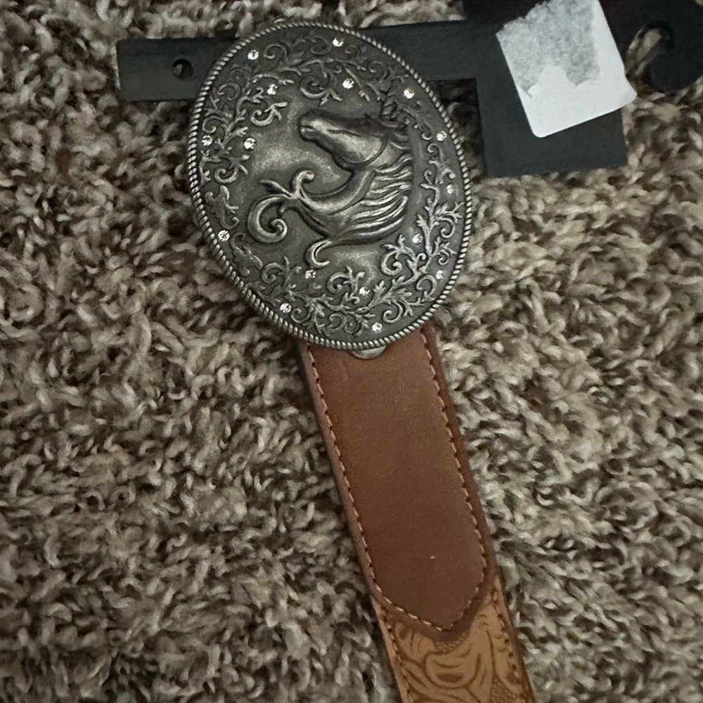 Girls Brown Leather Belt with Silver Horse Buckle